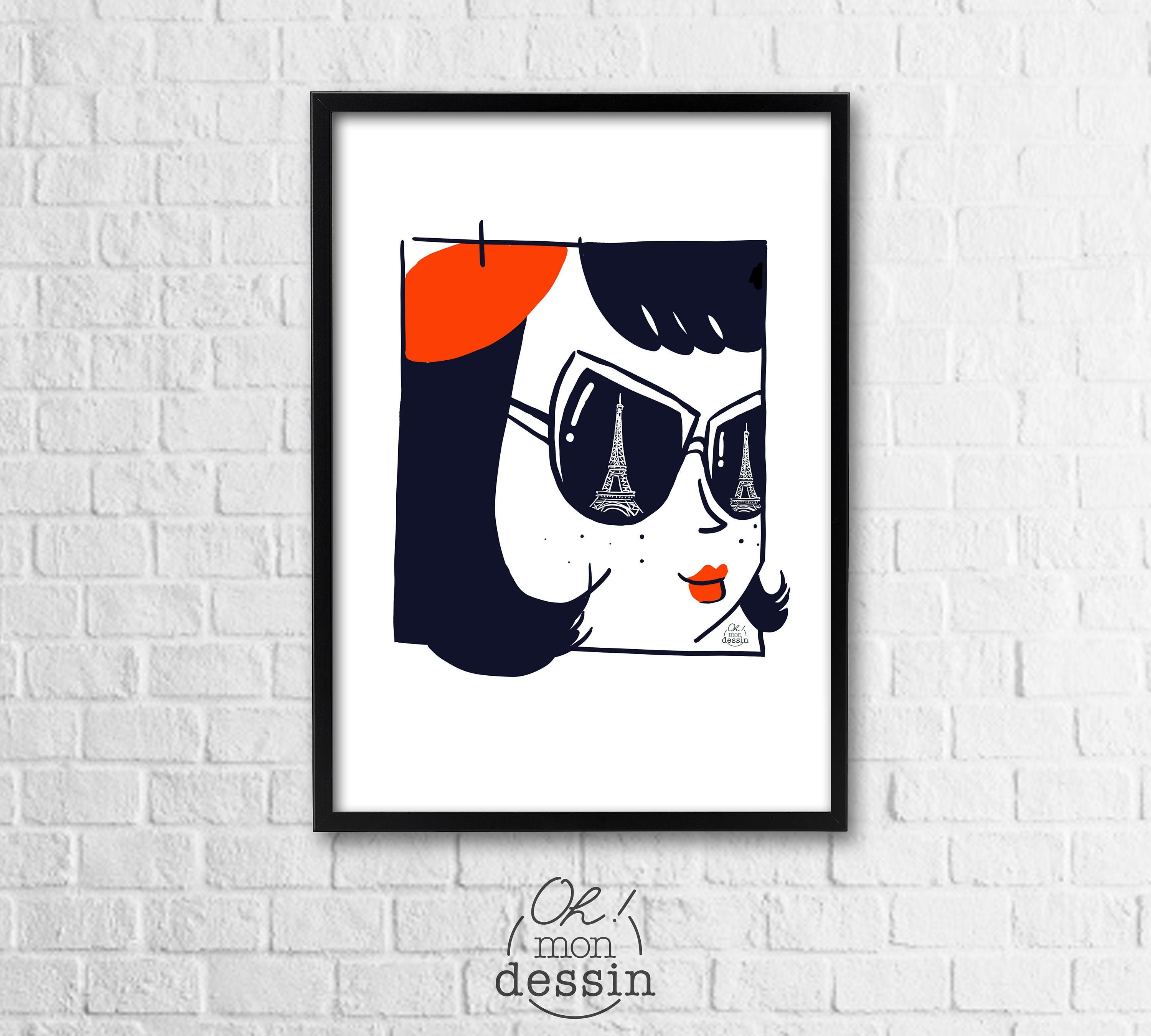Affiche Paris Parisienne Lunettes Bleu et Rouge- Illustration - Format A5