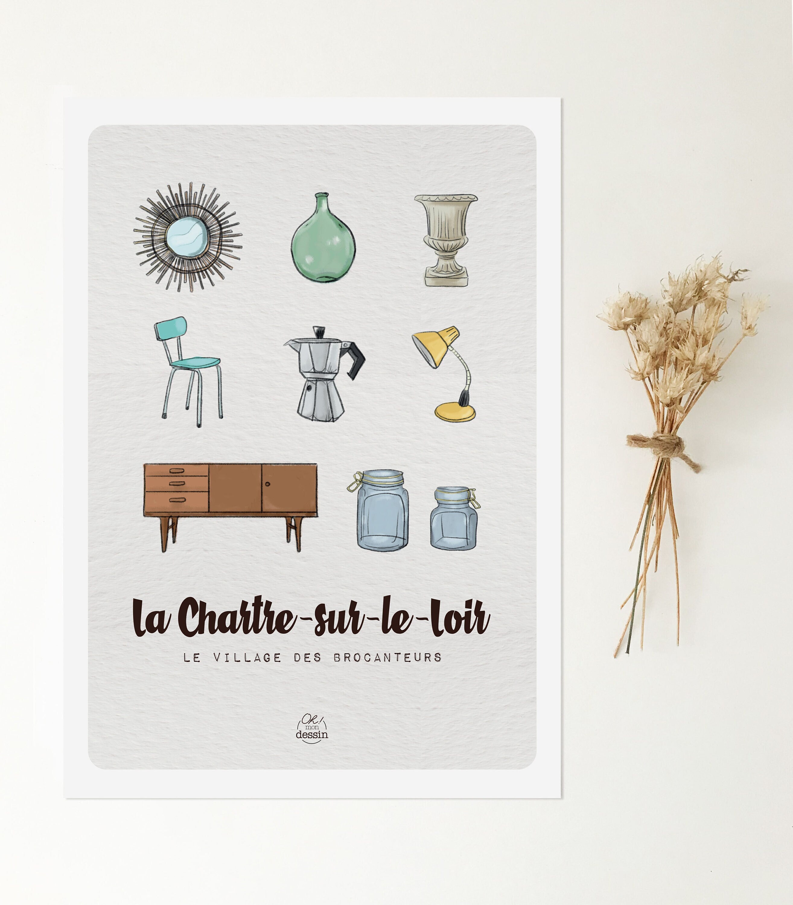Affiche La Chartre-Sur-Le-Loir - Le Village Des Brocanteurs Illustration Sarthe Format A5