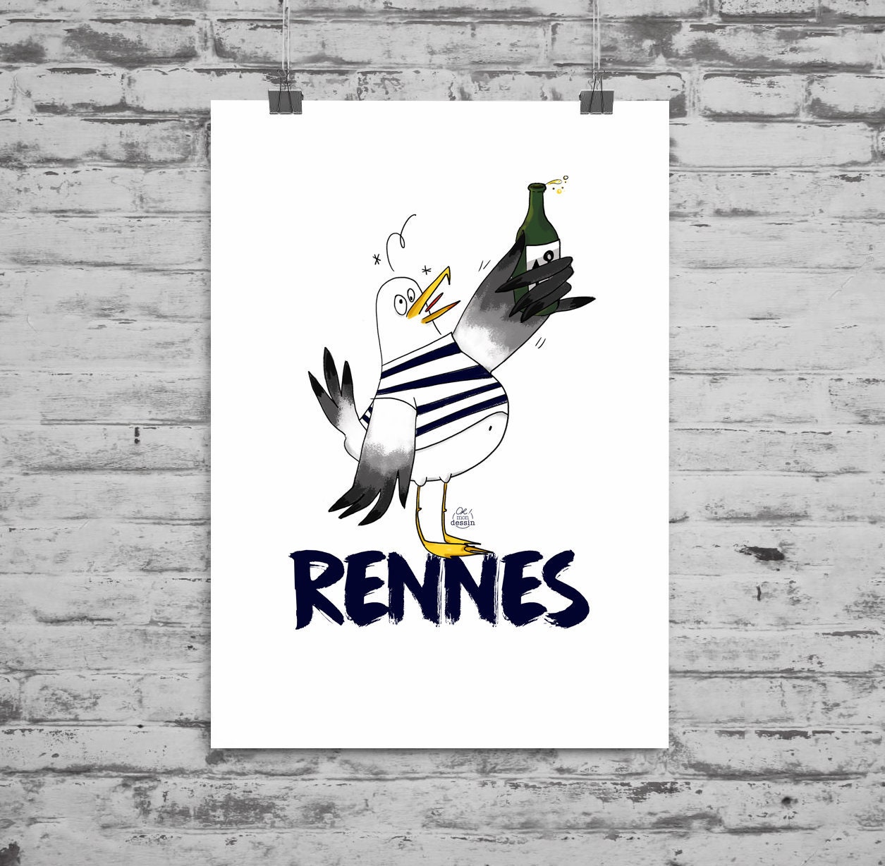 Affiche Rennes Le Goéland avec Sa Bière - Illustration Bretagne Ille et Vilaine Format A5