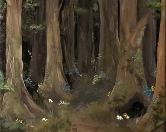 May include: A painting of a small, nude figure with a red mushroom cap standing in a dark forest. The figure is holding a stick and there are other mushrooms in the scene.