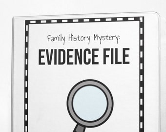 May include: A white binder with a black border and a magnifying glass graphic. The text on the binder reads "Family History Mystery: EVIDENCE FILE".