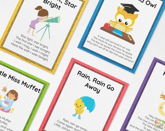 May include: A set of 62 colorful posters featuring nursery rhymes. Each poster has a different rhyme with an illustration. The posters are perfect for decorating a classroom or a child's room.