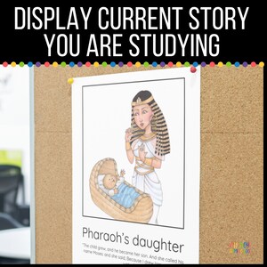 May include: An illustration of a woman in a white dress and gold jewelry holding a basket with a baby inside. The text below the image reads "Pharaoh's daughter" and "The child grew, and he became her son. And she called his name Moses: and she said, Because I drew him out of the water."