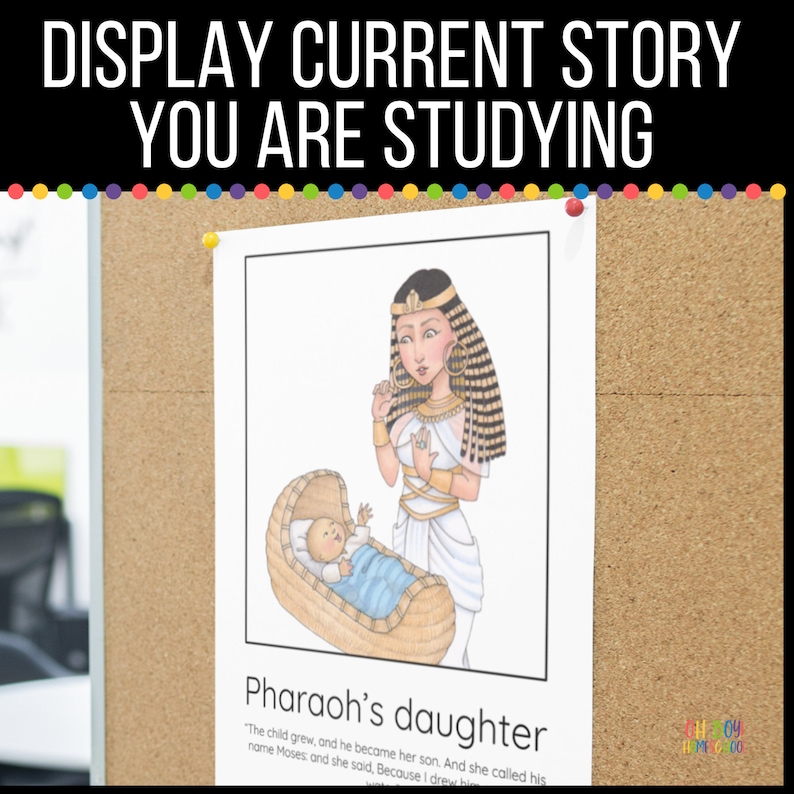 May include: An illustration of a woman in a white dress and gold jewelry holding a basket with a baby inside. The text below the image reads "Pharaoh's daughter" and "The child grew, and he became her son. And she called his name Moses: and she said, Because I drew him out of the water."