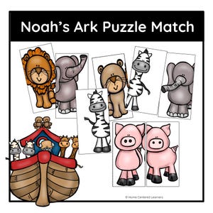 Könnte beinhalten: Ein Lernpuzzle-Set für Kinder mit Illustrationen von Tieren und der Arche Noah. Das Set enthält einen Löwen, einen Elefanten, einen Bären, ein Zebra und Schweine. Der Titel "Noah's Ark Puzzle Match" ist oben abgebildet.