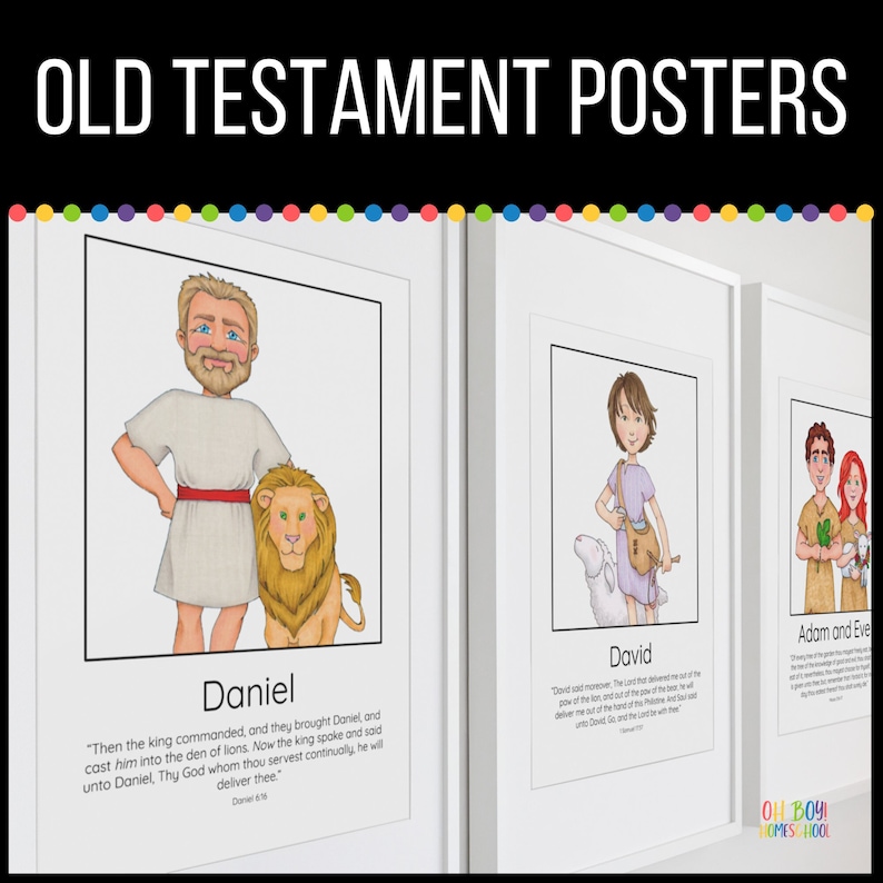 May include: Three illustrated posters featuring Old Testament characters. Daniel stands with a lion, David holds a shepherd's crook and a lamb, and Adam and Eve stand together holding an apple. Each poster includes a Bible verse.