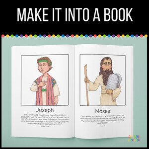 May include: An open book with two illustrations of biblical figures. The left page features Joseph, a young man with brown hair wearing a colorful robe. The right page features Moses, an older man with a beard and long hair, holding two stone tablets. The text on the pages includes quotes from the Bible about Joseph and Moses.
