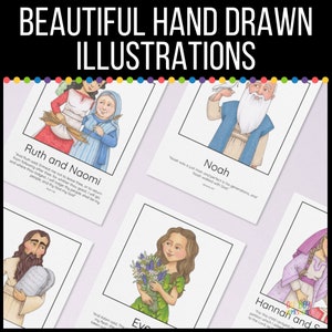 May include: A set of six illustrated cards featuring biblical figures. Each card has a colorful illustration of a person, a quote from the Bible, and the name of the person. The cards are printed on white cardstock and are perfect for use in a classroom or Sunday school.