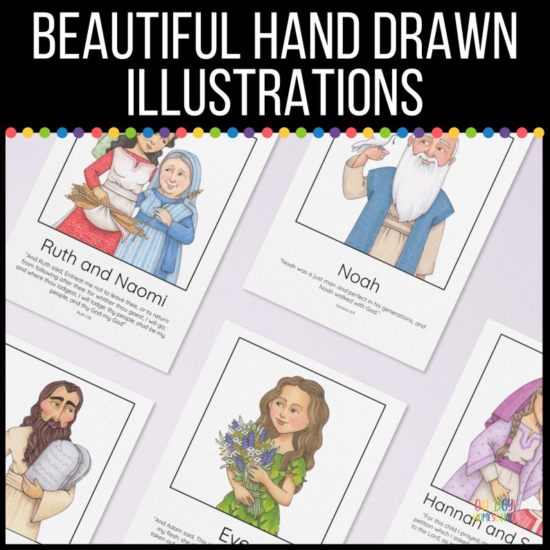 May include: A set of six illustrated cards featuring biblical figures. Each card has a colorful illustration of a person, a quote from the Bible, and the name of the person. The cards are printed on white cardstock and are perfect for use in a classroom or Sunday school.