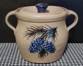 Rowe Pottery Works-Lidded Crock-Cambridge WI-Pinecone Design-Stoneware-Handmade-Studio Pottery-Signed-7 Cups 56 oz