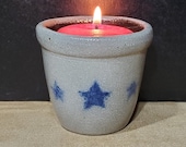 RPW-Miniature Crock W Stars-Votive Candle-Rowe Pottery Works-Cambridge WI-Salt Glazed-Grey, Blue Brown-2 1 2 quot Tall-Stamped-Signed