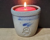 RPW-Miniature-Crock-Votive Candle Light-Rowe Pottery Works-Cambridge WI-Salt Glazed-Grey, Blue Brown-2 1 2 quot Tall-Stamped-Signed