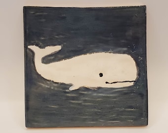 Whale Ceramic Tiles 4 x4 Inch Studio Pottery Garden Gate Pottery Blue & White Accent Tile for Bathroom, Kitchen, or Drink Coaster Signed