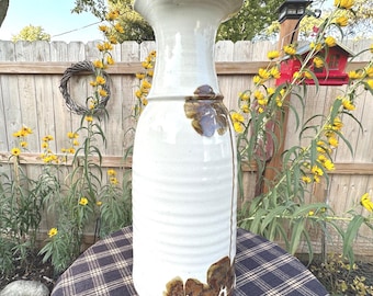 MCM Large Wine Pitcher Carafe Ice Water Lemonade Mohito Handmade Porcelain Studio Pottery White w/ Flowers 12 inches Tall 52 oz