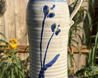 Pitcher Handmade Pottery Dakota Stoneware Dave Huebner Studio Pottery Blue Flower Design 1989 12.5 Inches Tall Vintage, Signed