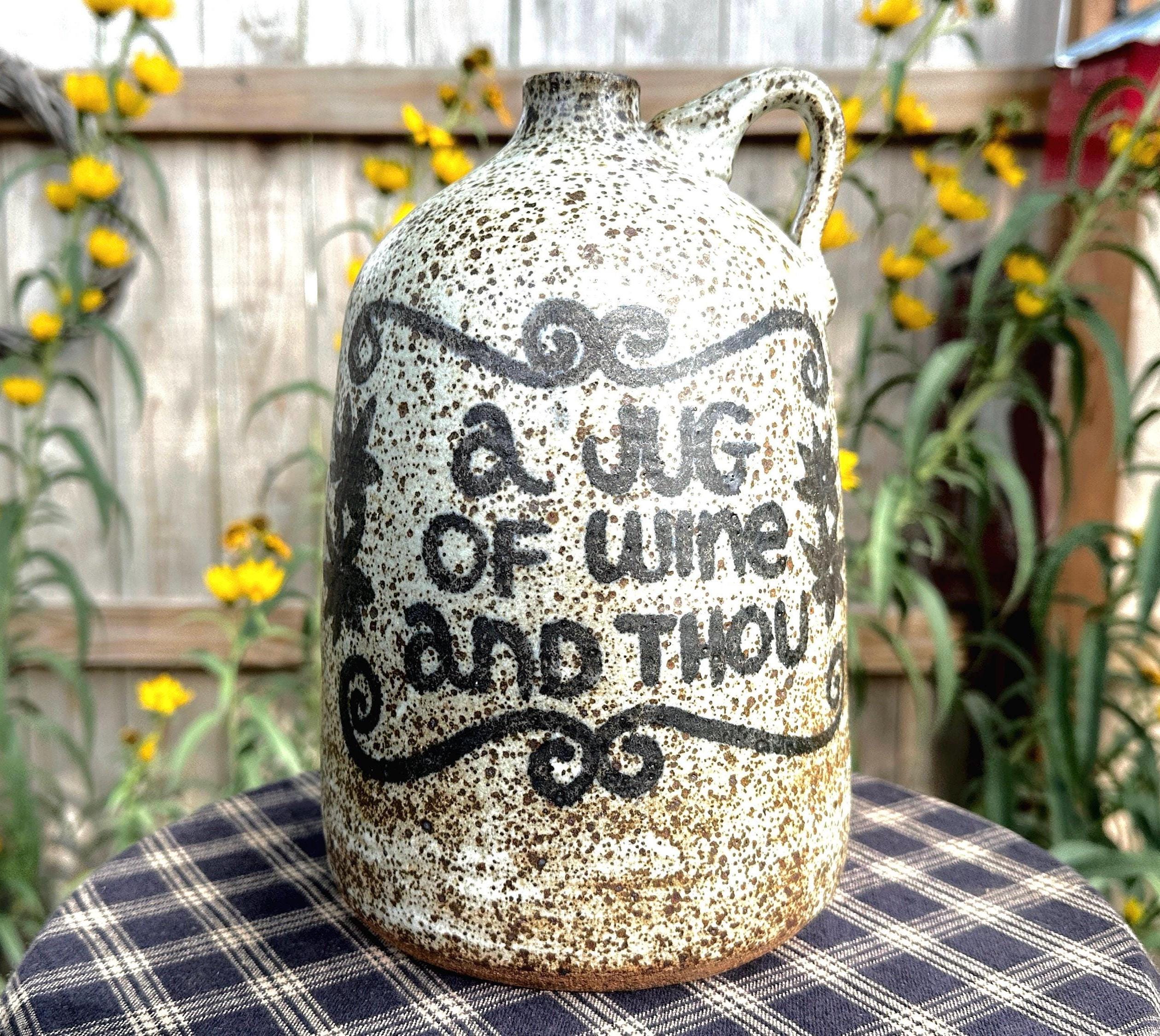 MCM 1/2 Gallon Jug Handmade Studio Pottery by Joan E Rountree A Jug of Wine and Thou Stoneware Grey & Brown 9 Inches Tall Signed