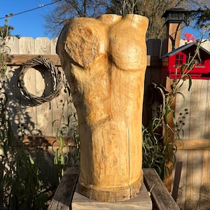 Hand-Carved Birch Torso Sculpture: Chainsaw Art End Table Base