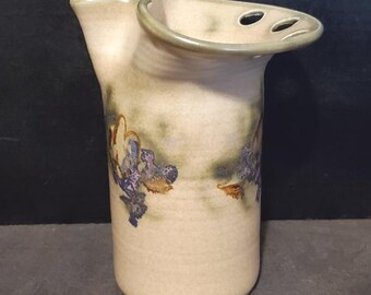 Toothbrush Holder Handmade Stoneware Studio Pottery Blue, Green, Purple, and Brown Flower Design 7 Inches Tall Signed