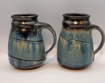 Set of 2 Coffee Cups Mugs Handmade Stoneware Studio Pottery Blue & Black 12 Ounces Signed