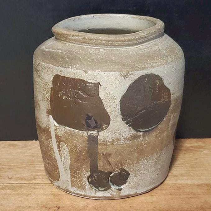 Handmade Stoneware Crock Jar: Studio Pottery with Impressed Coin Design