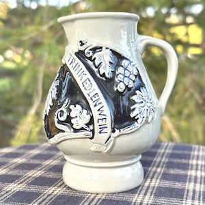 Pitcher Miniature Westerwald Pottery   Trink Edlen Wein Drink Fine Wine West Germany Handmade Stoneware Cobalt Blue & Grey 0.25 Liter