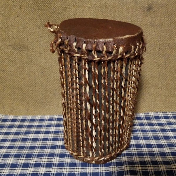 Vintage Tribal Drum Animal Hide Covered Log Drum Hand Made Brown 7 1/2" Tall