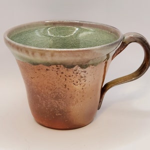 Coffee Cup Mug Teacup Wood Fired Handmade Salt Glazed Stoneware Studio Pottery Blue Green & Brown 12 Ounces Signed made in USA