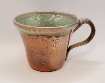 Coffee Cup Mug Teacup Wood Fired Handmade Salt Glazed Stoneware Studio Pottery Blue Green & Brown 12 Ounces Signed made in USA