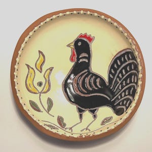 Handmade Rooster Bowl: Primitive Redware Sgraffito Dish, 4.75 Inch, Signed