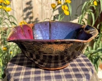 Fruit Bowl or Serving Bowl Altered Wheel Thrown Stoneware Studio Pottery Red Blue Black & Brown Glaze 11.5 W x 5 Inches High Signed