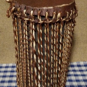 Vintage Tribal Drum Animal Hide Covered Log Drum Hand Made Brown 7 1/2&quot; Tall