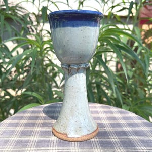 Wine Glass Goblet Chalice Spring Pottery Rhode Island Stoneware Handmade Studio Pottery Grey & Blue 7.5 Inches Tall 8 oz Signed