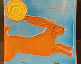 Rabbit & Moon Coaster: Handmade 4x4 Inch Tile, Signed