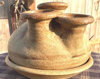 Handmade Three-Neck Stoneware Vase: Prairie Pottery, Yellow Glaze
