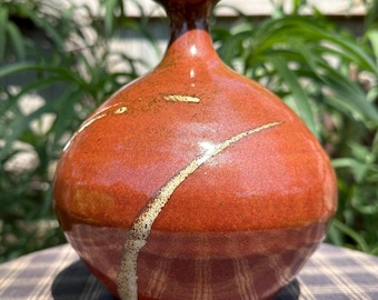 Handmade Studio Pottery Bottle: Reddish Brown Stoneware, Signed