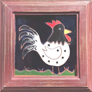 Chicken Ceramic Tile Wall Art: Farmhouse Home Decor 6x6 Inch Frame, Signed
