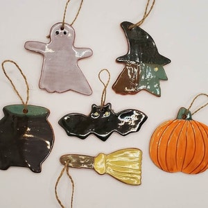Halloween Ornaments Handmade Pottery Decorations Ghost Pumpkin Witch Cauldron Broom Bat Handmade in USA 2.75 to 3.5 Inch Tall Signed