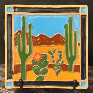 Cactus Coaster: Handmade Southwest Decor 4x4 Inch Tile, Signed image 4