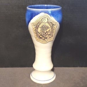 Wine Glass Goblet Chalice Feast of Fantasy  Minnesota Renaissance Festival Handmade Blue & White 8 Inches Tall 12 oz Signed