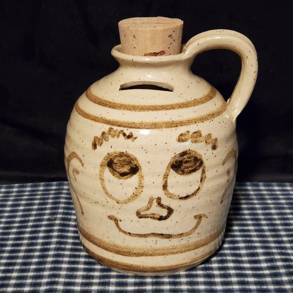 Bank Ugly Face Jug Lorna Pottery Handmade Stoneware Studio Pottery White & Brown 6 Inches Tall Signed