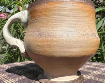 Pedestal Coffee Mug or Cup Handmade Stoneware Studio Pottery Wood Fired Brown, Tan & Orange 4 Inches Tall 12 Ounces