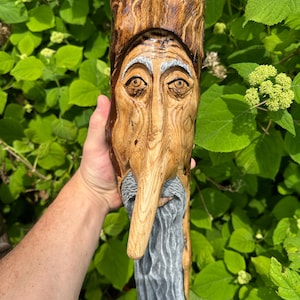 Wood Spirit Carving, Rustic Decor, Hand Carved from Solid Oak Log &quot;Old Man in The Woods&quot; Fine Art Home or Bar Decor 4x20 Inches Signed