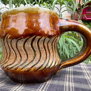 MCM Coffee Mug or Cup Basin Creek Pottery Patrick Eckman Handmade Wheel Thrown Ceramics Brown & White 12 Ounces Signed