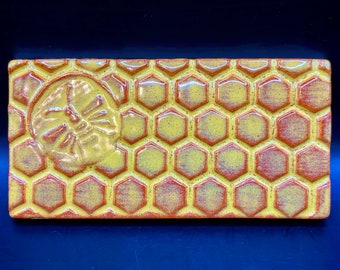 Bee Ceramic Tiles Handmade Subway Tile for Kitchen Backsplash Bathroom Wall Honeybee on Honeycomb 2 x 4 Inch Accent Tile Set #2