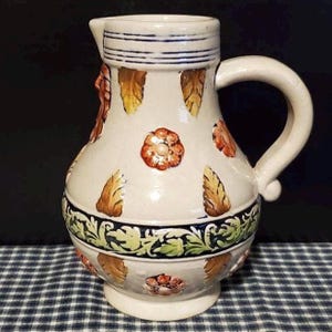 Westerwald Pottery Pitcher: Greenman Face, Floral Stoneware, Germany