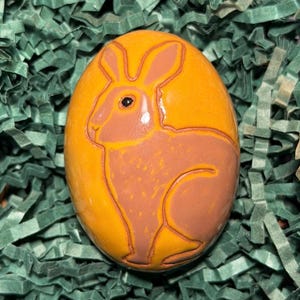 Rabbit Egg: Primitive Redware Pottery Mustard & Brown Glaze Sgraffito Design, Signed