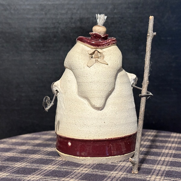 Snowman Oil Lamp Handmade Stoneware Studio Pottery Wheel-Thrown Ceramic, New Wick, White & Burgandy, 5 Inches Tall, Signed