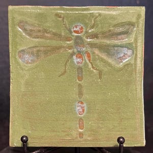 Dragonfly Ceramic Tiles Handmade for Kitchen Backsplash or Bathroom Wall Garden Gate Pottery Studio Pottery  Accent Tile Green 4x4 Inch USA
