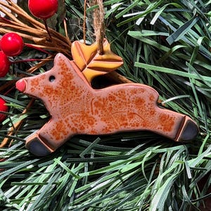 Baby Reindeer Handmade Ornament: Redware Pottery 3 Inch, Signed