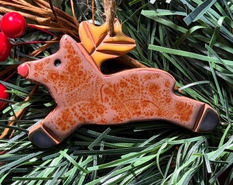 Baby Reindeer Handmade Ornament: Redware Pottery 3 Inch, Signed